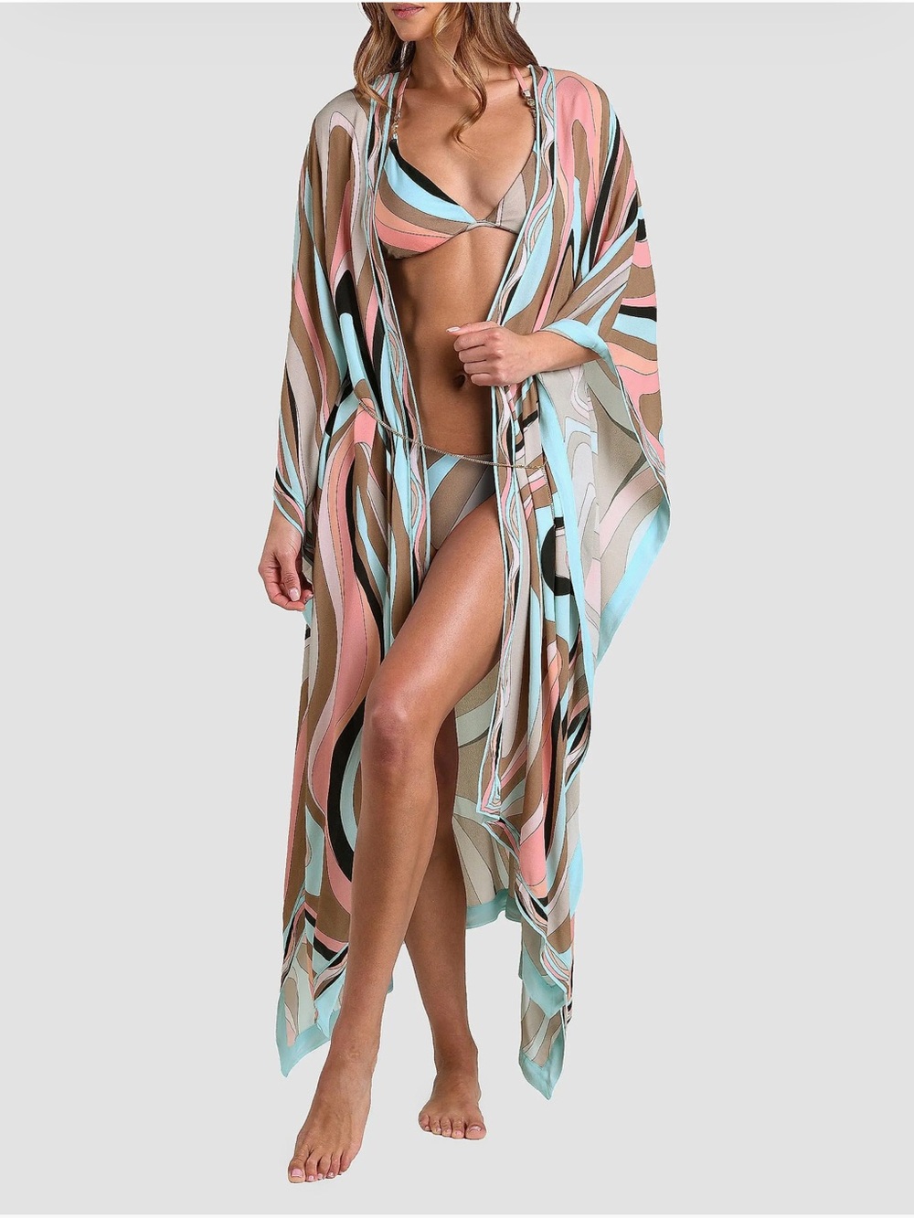 L'AGENCE Pink, Aqua & Brown Printed Flowing Kaftan Cover-Up